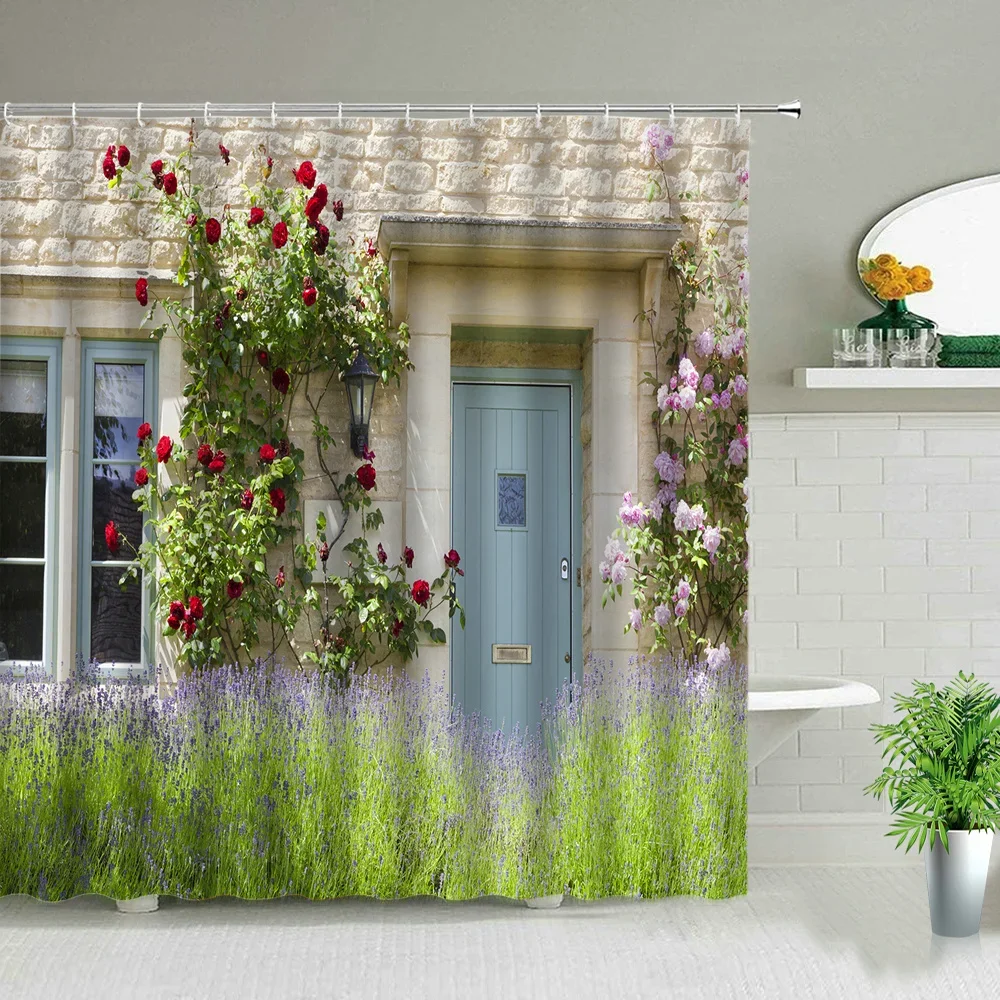 Street Building Scenery Shower Curtains Flowers Plant Retro Old Door Spring Rural Bathroom Curtain Background Wall Decor Cloth