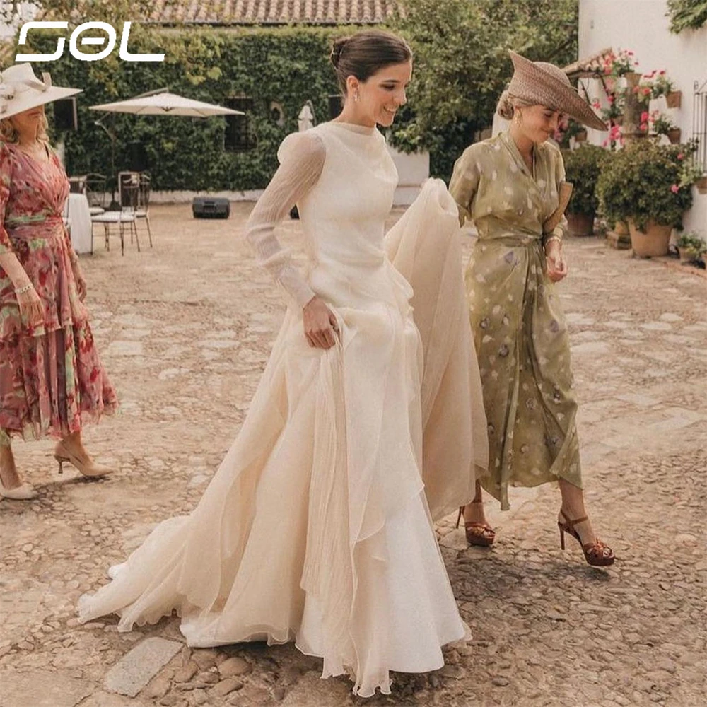 SOL-Robes de mariée en tulle à manches longues pour femmes, col haut simple, élégant, dos nu, A-ligne, patients, quelle que soit la robe éducative