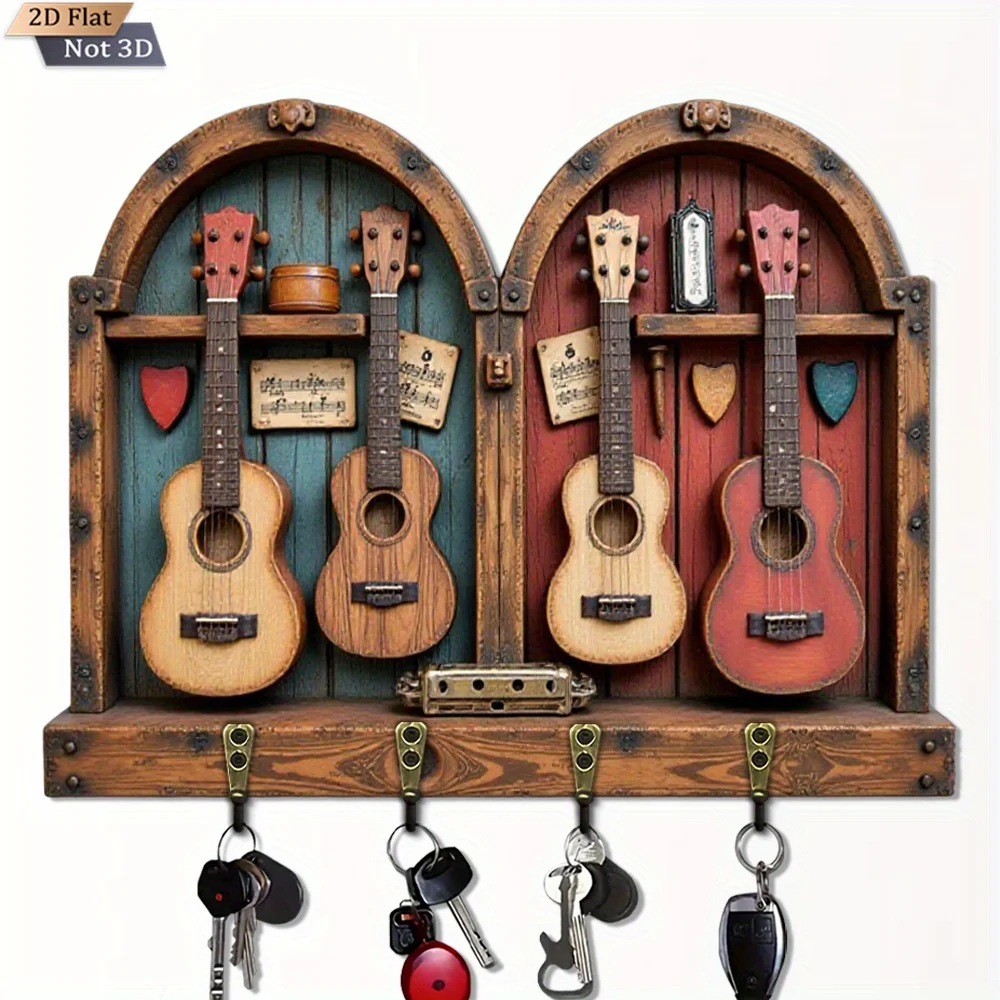 2D Flat, 1pc,  wooden guitar-shaped key hook, wooden multifunctional home key rack, with four metal hooks, wall decor, porch