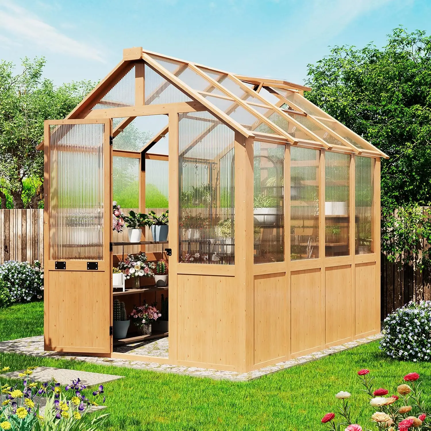 

6x8FT Wooden Greenhouse Polycarbonate Panels Adjustable Vent Lockable Door Backyard Custom