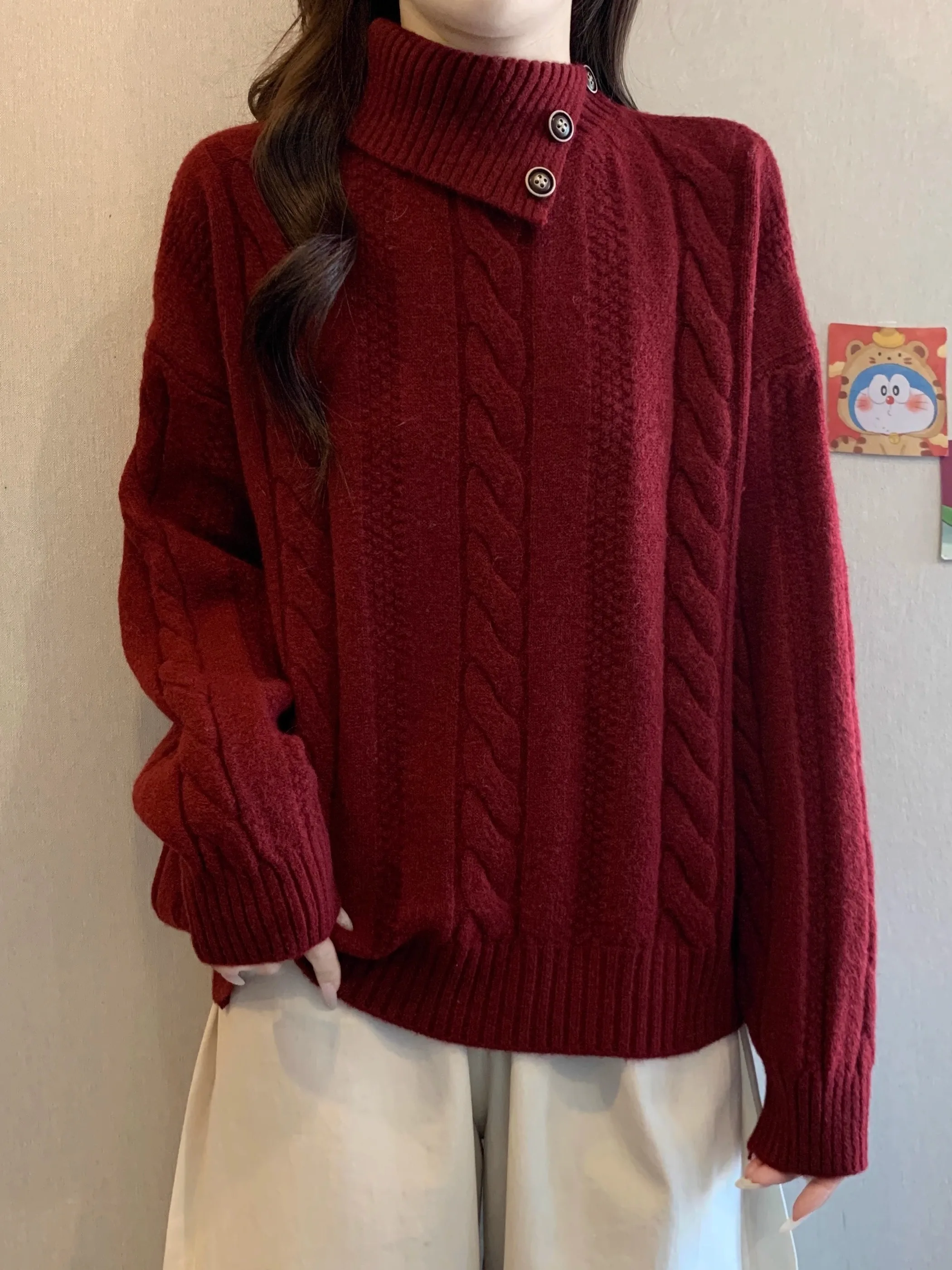 

Красный длинный вязаный свитер с высоким воротом, свободного кроя, осенне-зимний, женский, модный повседневный топ, удобный, мягкий трикотаж