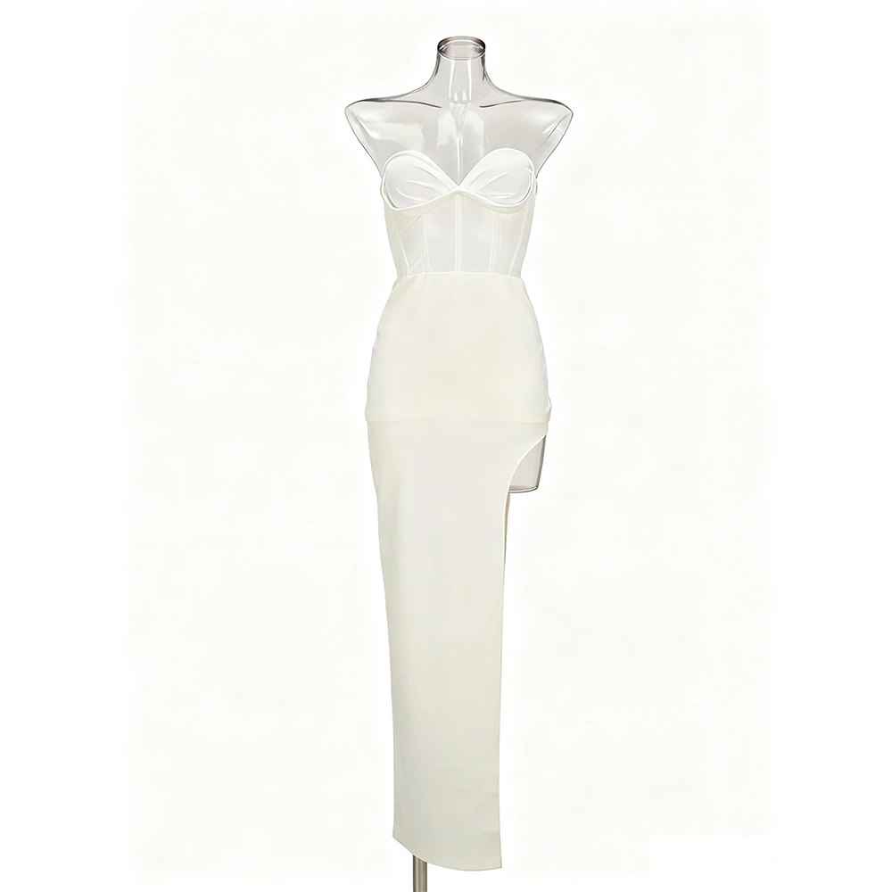 Abiti lunghi aderenti aderenti in rete trasparente con spalle scoperte sexy senza spalline Abito lungo da cocktail Abito da sera Abiti da concerto di compleanno