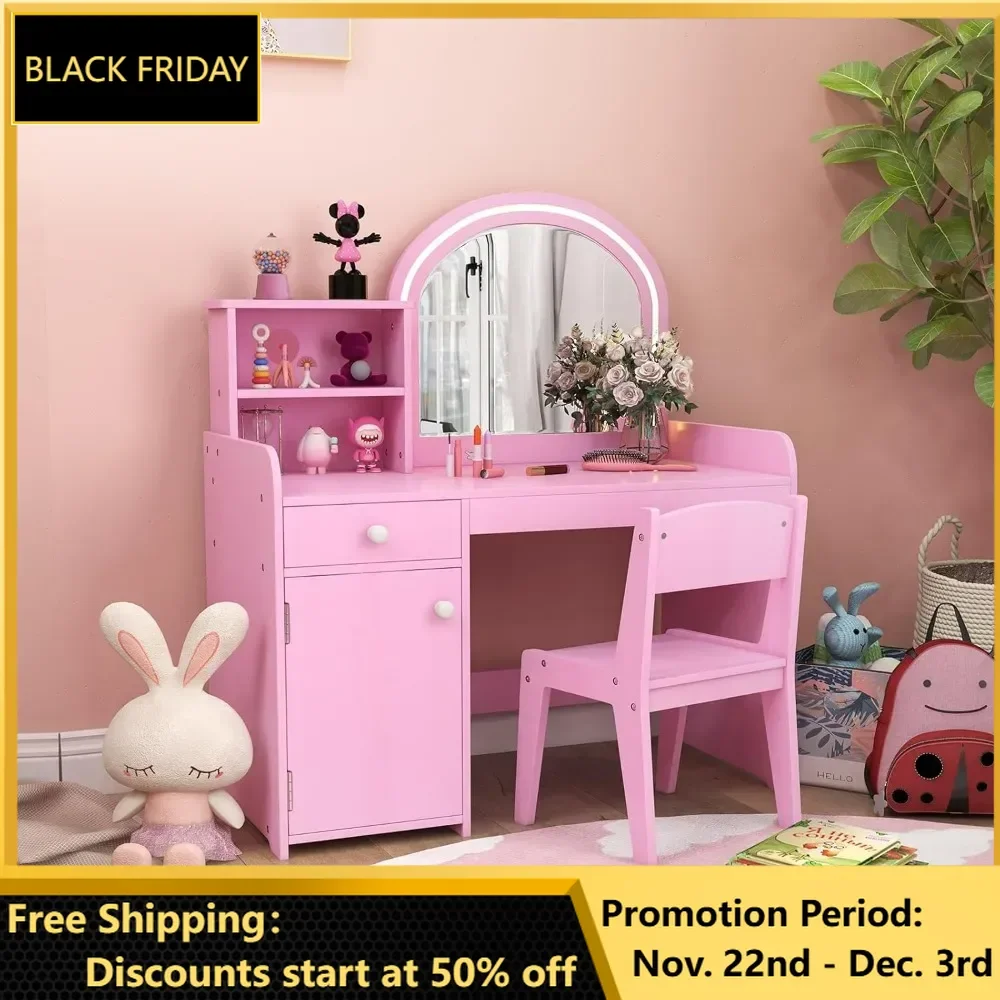 Kids Vanity, Vanity Set with Lighted Mirror and Chair, Makeup Table with Storage Selves, Drawer and Cabinet, Toddler Vanity