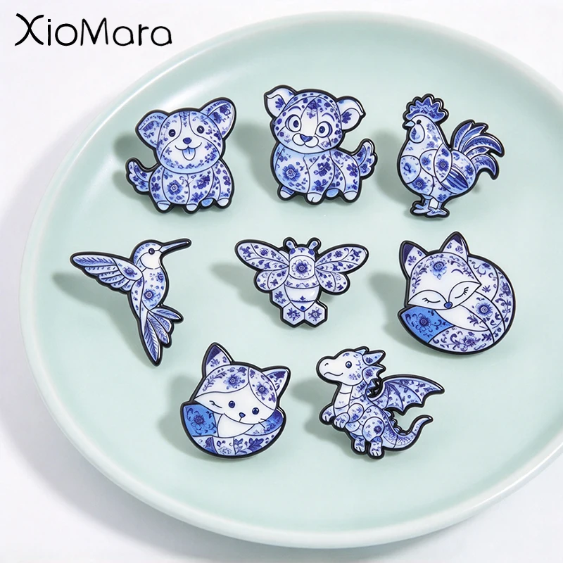 Chinese Blue and White Porcelain Animal Enamel Pins, Cute Cartoon Animal Badge, Fashion Accessory, Gift for Oriental Art Lovers