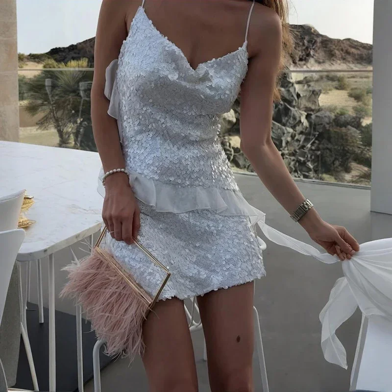 Sequins Ruffled Splice Mini Dress Women Sleveless Sexy Slim Spaghetti Strap Dress Autumn New Birthday Party Dress