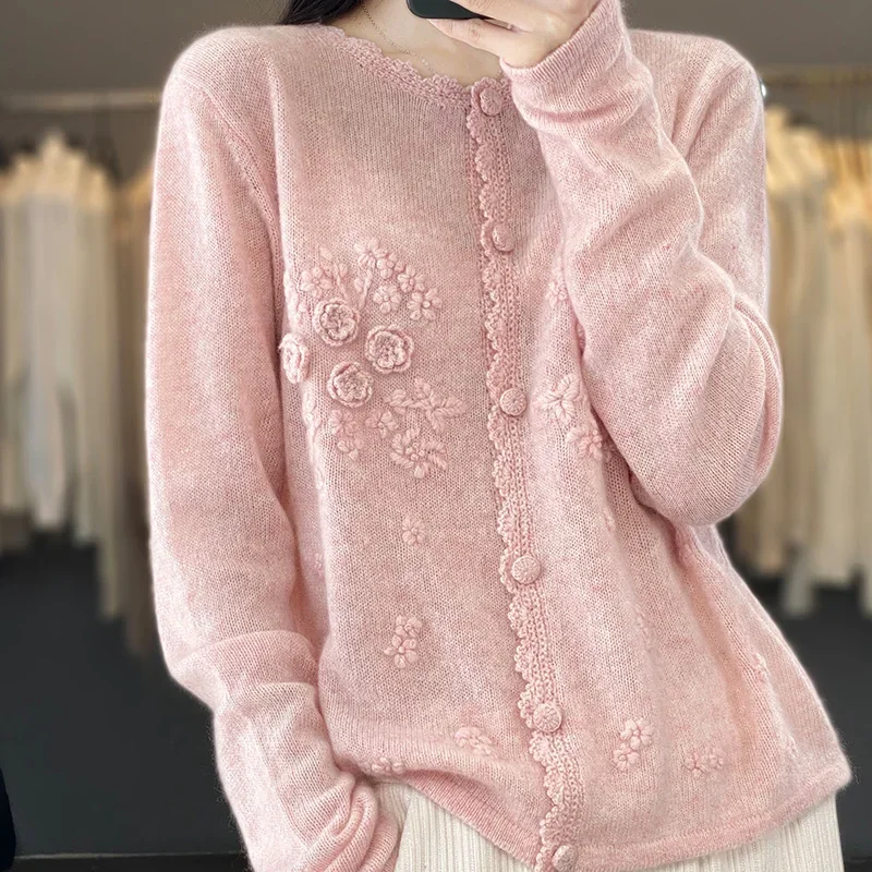 Women's 100% Pure Cashmere Cardigan round Neck Hand-Embroidered Crochet Loose Lazy Sweater Knitted Coat for Fall Winter