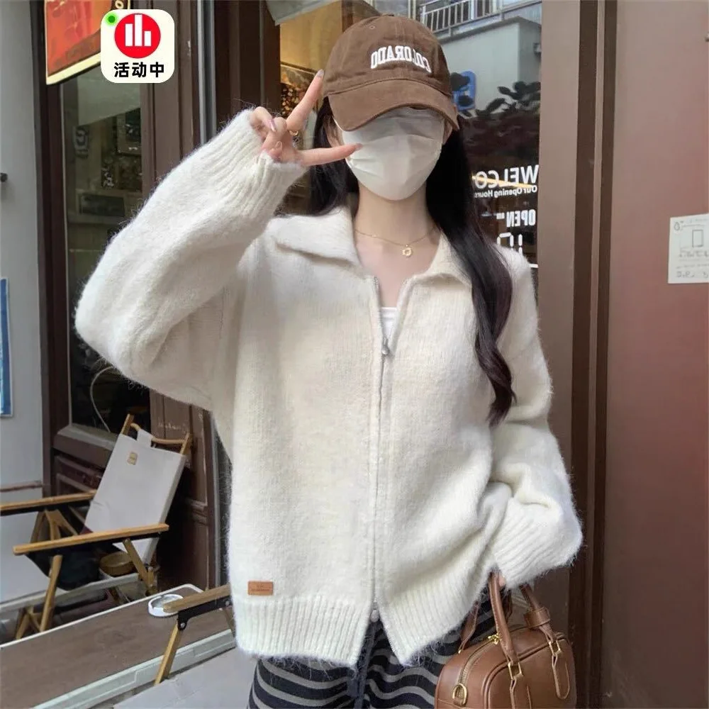 

2025 Autumn and Winter New Lazy Style Solid Color Knitted Cardigan Women's Loose Collar Double Zipper Sweater Jacket