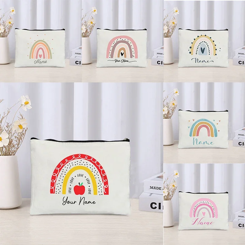 Personalise Name Gift for Teachers Rainbow Pattern Makeup Organizer Cute Make Up Custom Bag Pencil Case for Office Toilet Kits