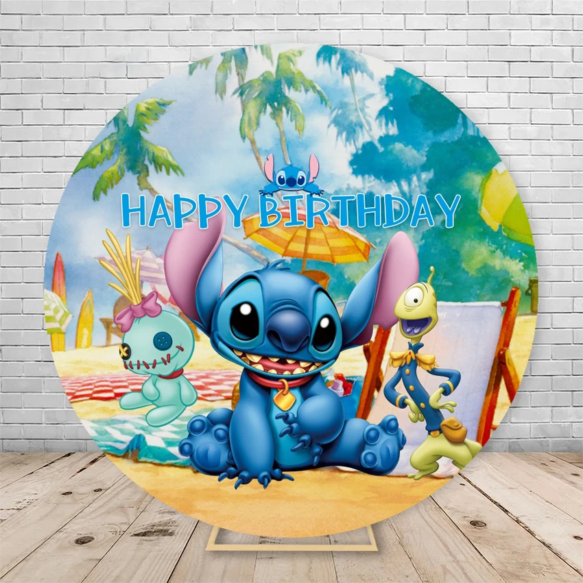 Lilo & Stitch Backdrops Girl or Boy Elastic Round Cover Happy Birthday Photography Background Baby Show Decoration Photo Studio