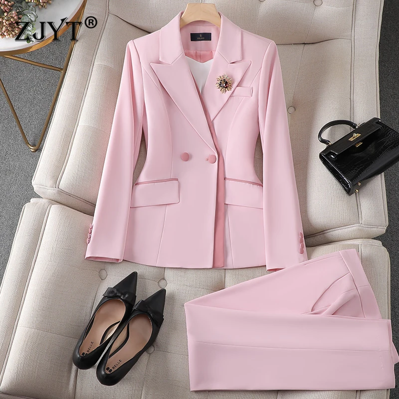 ZJYT Office Lady Formal Blazer Pants Suits 2 Piece Matching Set Women Conjunto Para Mujeres Work Wear Trousers Sets Pink Outfit