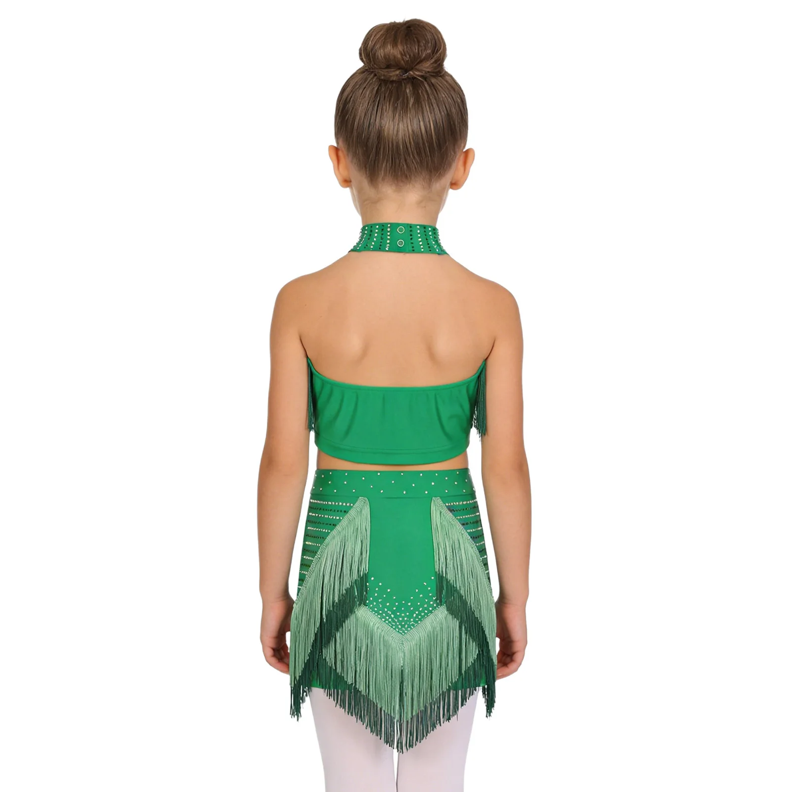 Girls Tassel Latin Jazz Dance Outfit Rhinestone Halter Sleeveless Crop Tops with Skirt Ballroom Cha-cha Tango Samba Dancewear