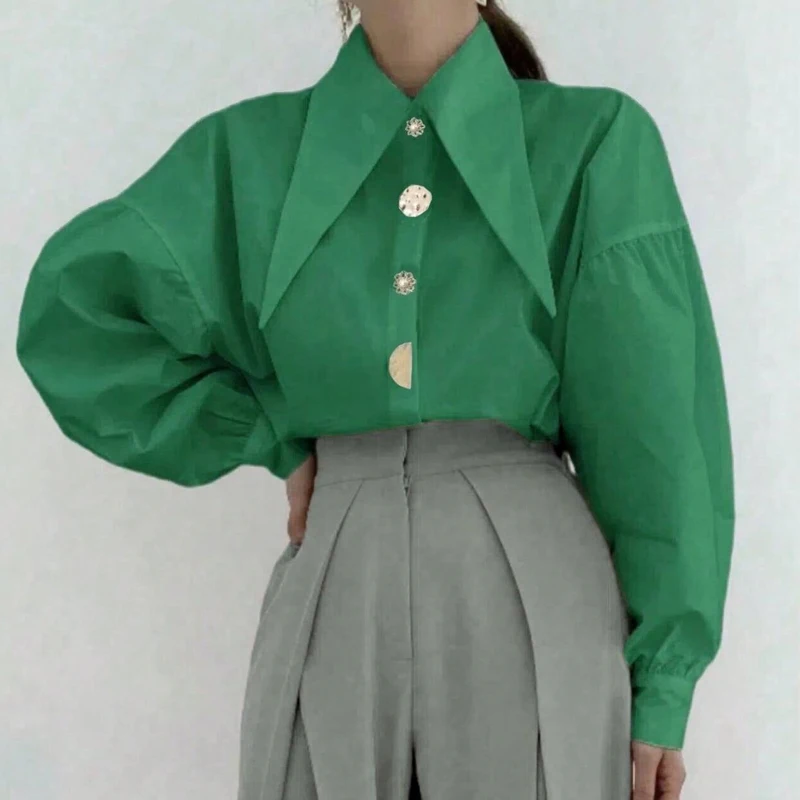 Chemise blanche Chic coréenne à col pointu avec bouton de perle unique pour femme, chemisier ample à manches longues bouffantes, décontracté, solide, hauts pour femmes