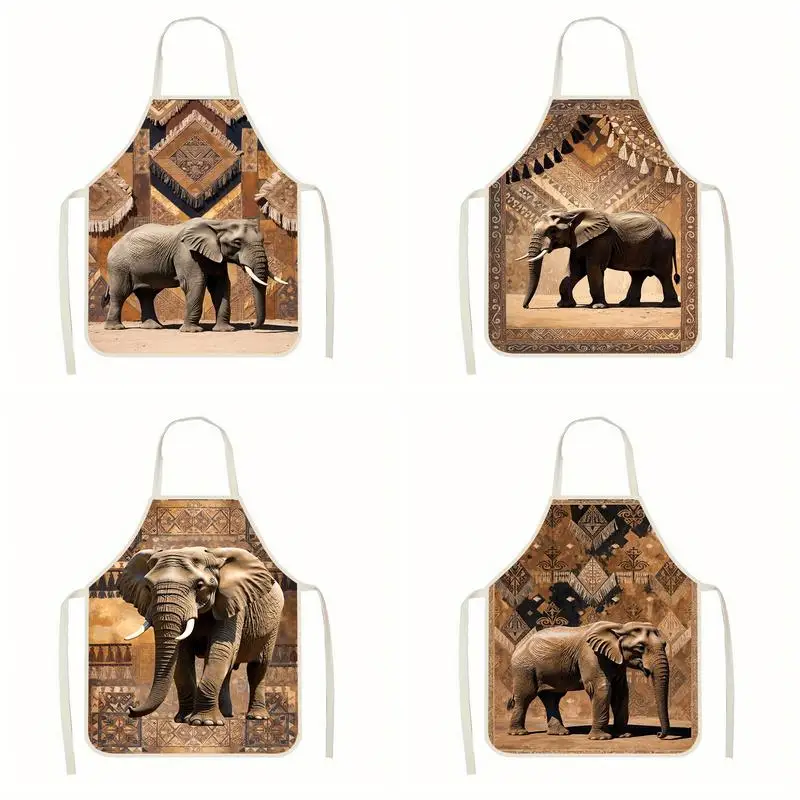 

African Elephant Pattern Linen Apron, Suitable For Kitchen Cooking, Parent-Child Interaction, Painting And Other Scenarios