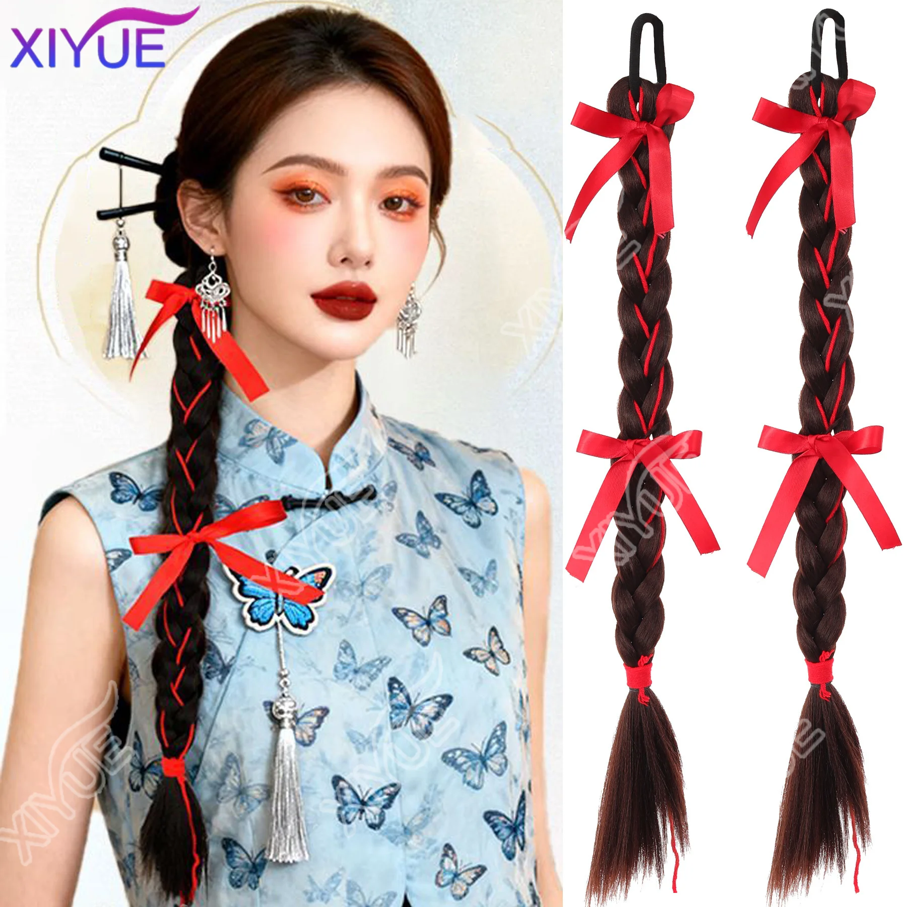 

XIYUE New Chinese wig braid ribbon bow hair Fried Dough Twists dopamine wheat ponytail bride boxing style wig