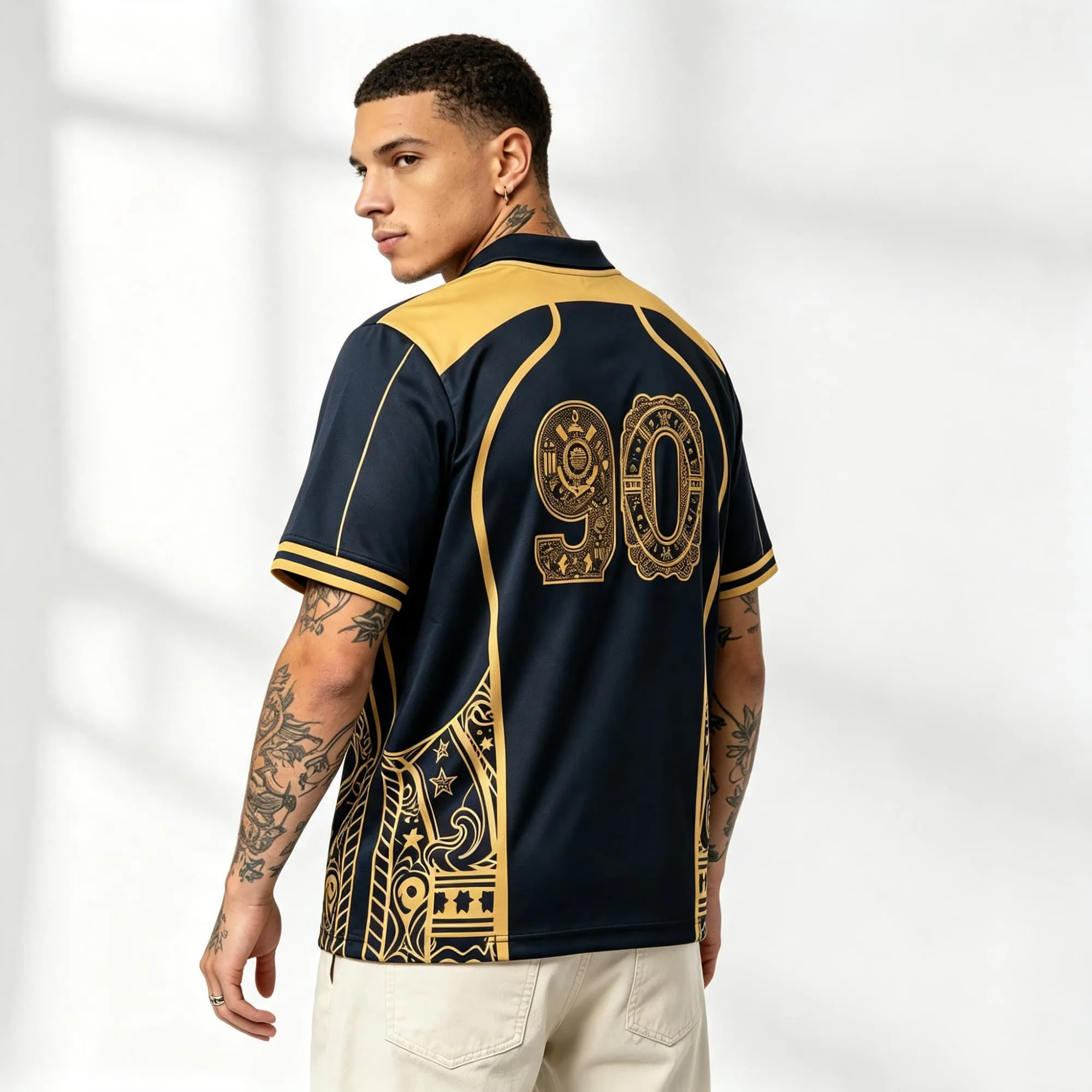 Luxury Retro Pattern Sports Jersey Men Dark Blue Gold Panel Decorative 90 Print Breathable Daily Vacation Short Sleeve Top