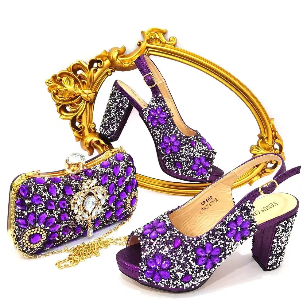 2024 Newset Italian Design Nigerian Women Shoes and Bag Set With Speical Narrow Band and Cross-tied in Golden Color for Party