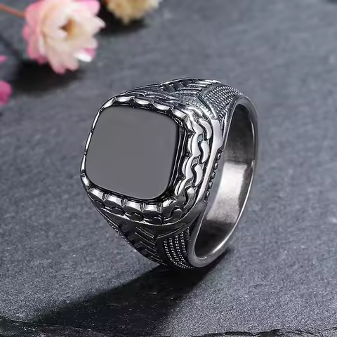 Silver Jewelry Ring Natural 10*12mm Big Black Agate Stone Vintage Ring For Women Party Gifts