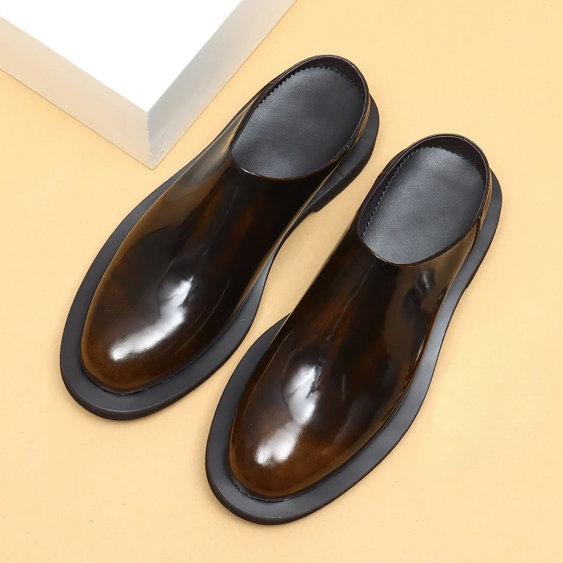 Luxury Patent Leather Mens Half Shoes Slippers Genuine Leather Handmade 2024 New Style Summer Party Business Sandals Shoes Man