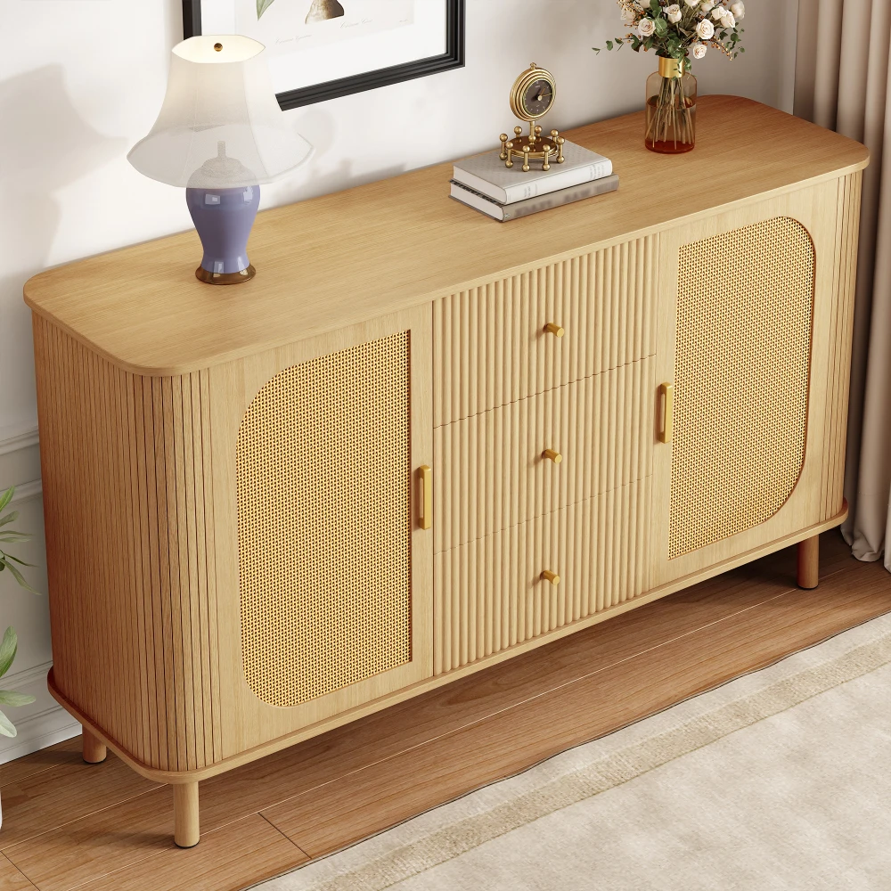 Modernes Sideboard mit vielseitigen Holzoptik-Schubladen, Regalen, Metallbeinen für die Aufbewahrung im Wohnzimmer – Detail 10
