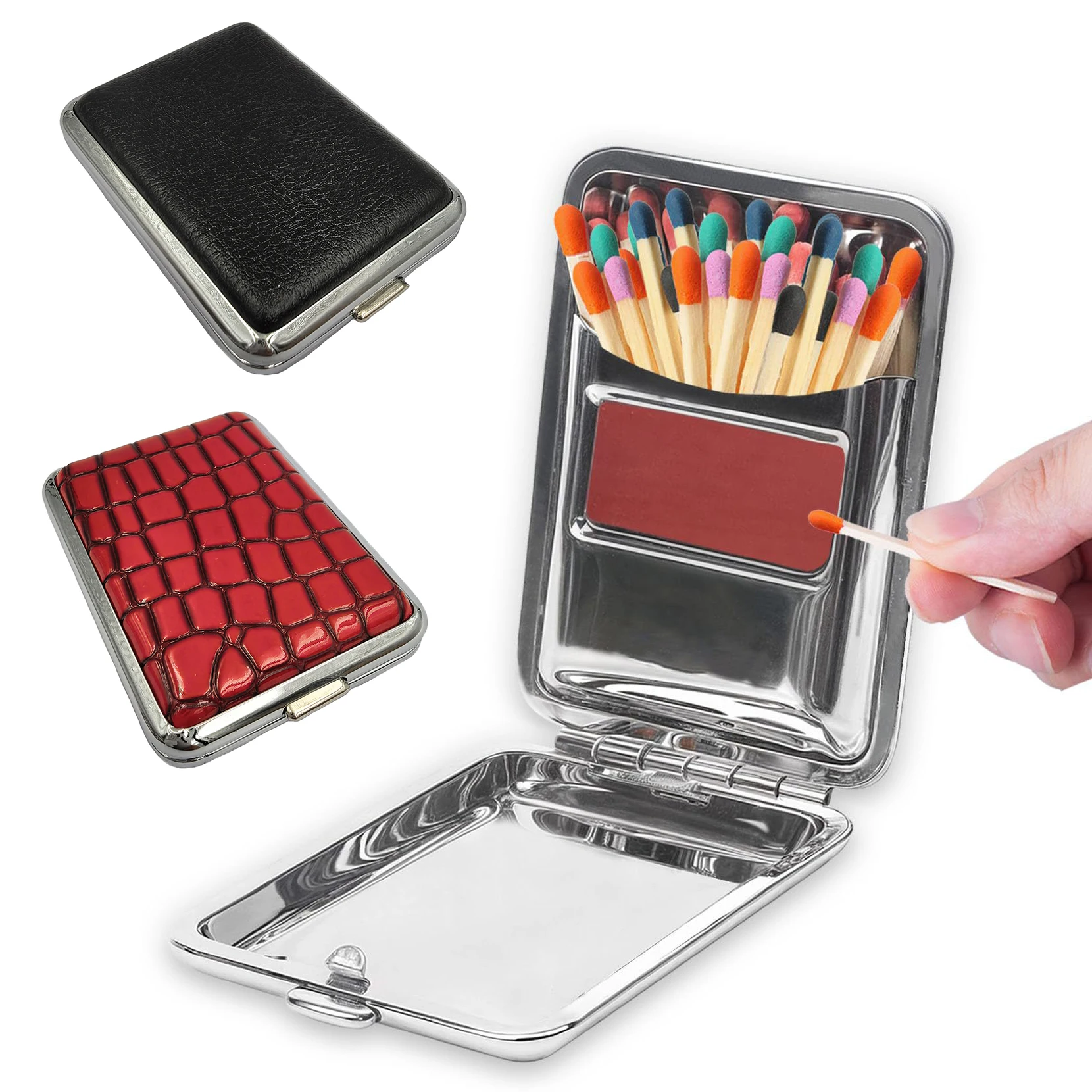 Metal Match Box Case with Sticker Place Reusable One Button Outdoor Camping  Portable Matchstick Holder Storage Case