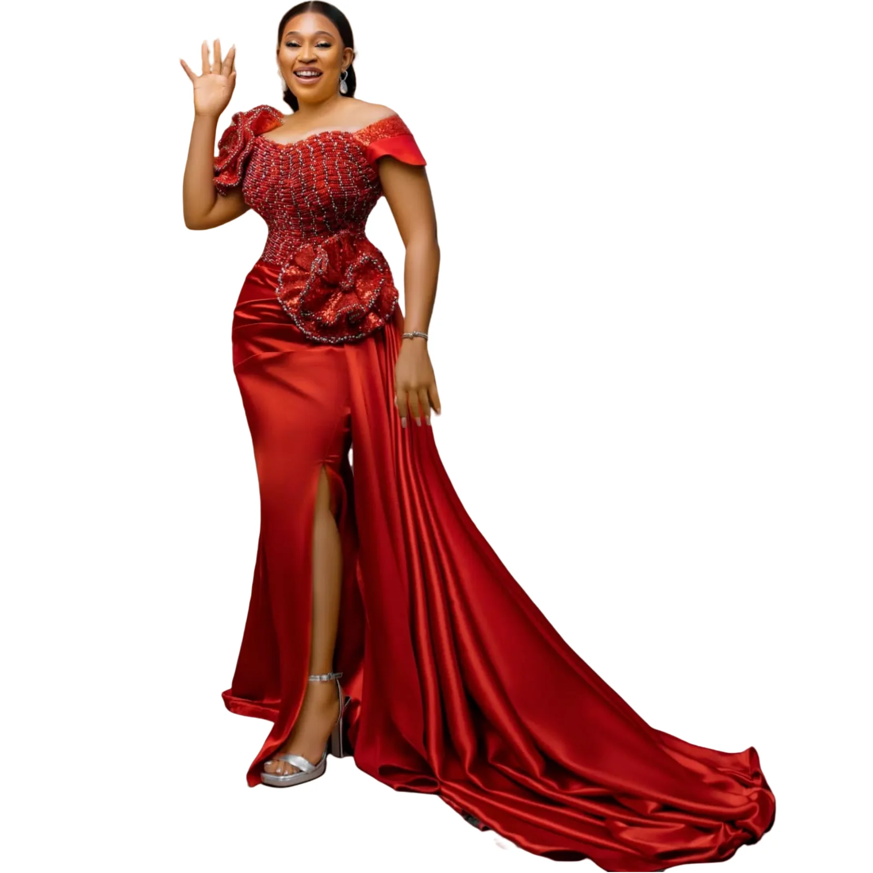 レッドマーメイド 2025 プロムドレス 花 ビーズ クリスタル サテン ハイ スリット イブニング フォーマル パーティー 誕生日ドレス ZJ1733