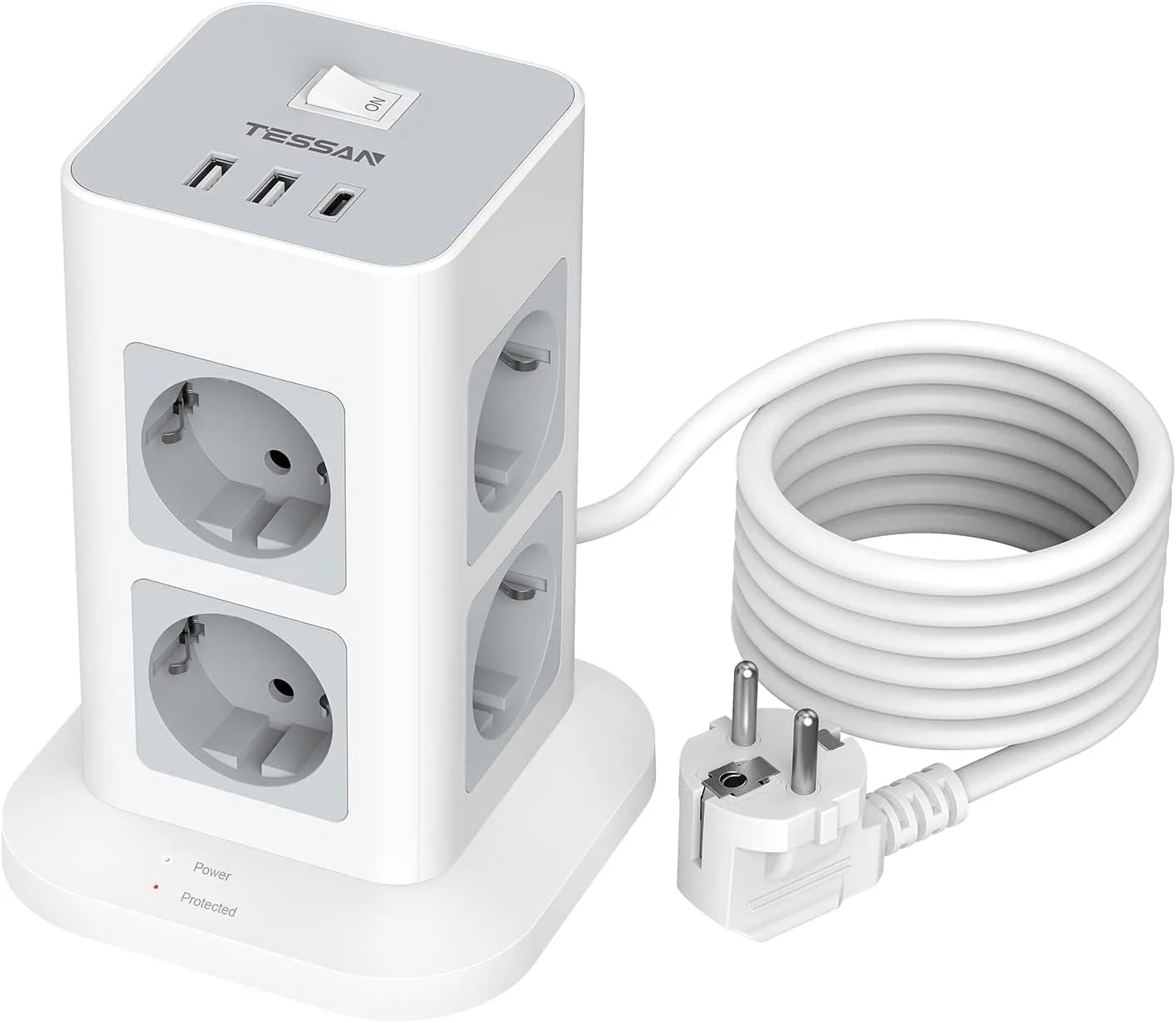 TESSAN Toren Stekkerdoos met Overspanningsbeveiliging Toren Verlengstekkerdoos 12 Outlets 3 USB met 2M Verlengkabel voor Thuiskantoor