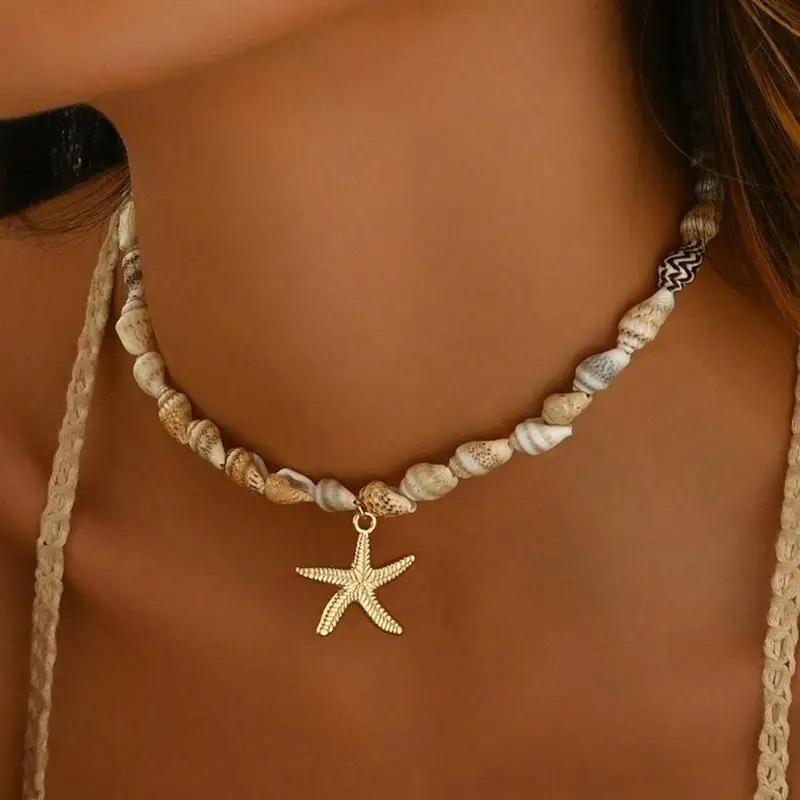 Beach Style Seashell Necklace Beaded Choker Necklace For Women Summer Starfish Pendant Choker Fashion Ocean Jewelry Accessories