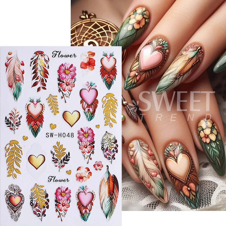 2pcs Bohemian Nail Sticker 3D Bronzing Heart Dreamcatcher Retro Petals Design Adhesive Nail Decal DIY Manicure Slider Decoration