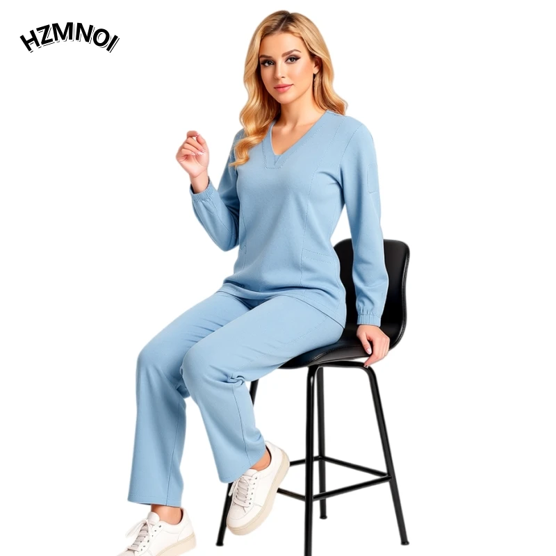 Men or Women Nurse Scrub Suit V-Neck Long Sleeved and pant Multi-Color Multi-Pocket Professional Uniform Healthcare Workwear