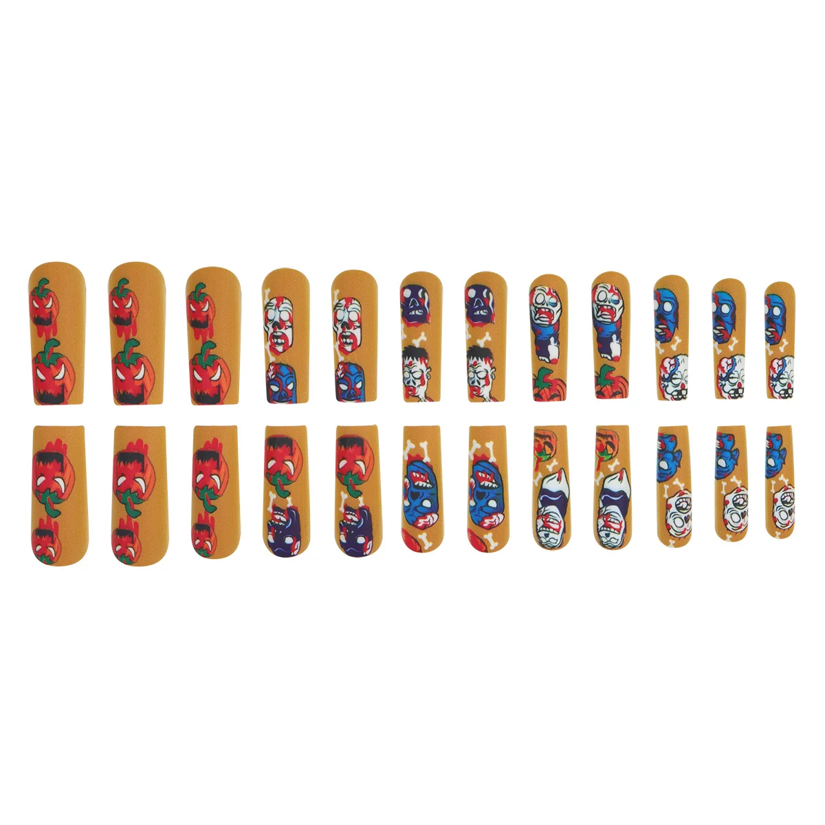 24Pcs Halloween Graffiti Pumpkin Press On Nails, Long Square Fake Nails, Reusable Nail Stickers for Holiday Party, With Tools - view 3