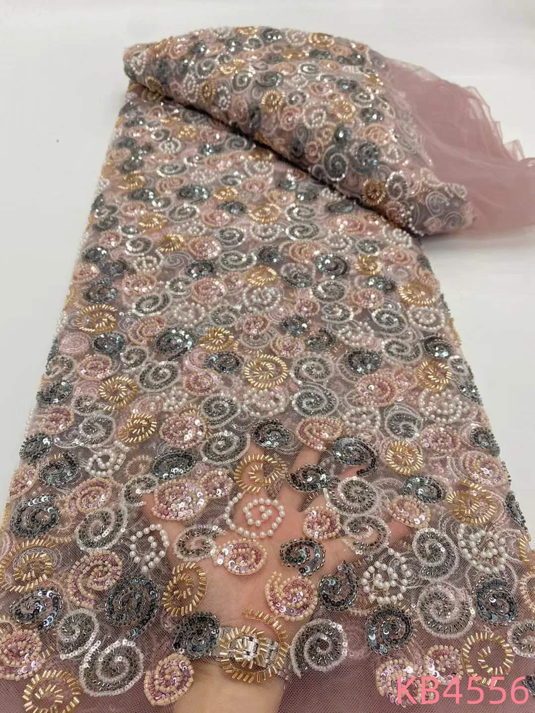 Afrikanischer Perlen-Spitzenstoff, afrikanischer Spitzenstoff 2024, hochwertige 5 Yards, grüne Sequenz, Netzstoffe, Materialien für Kleider KB4556