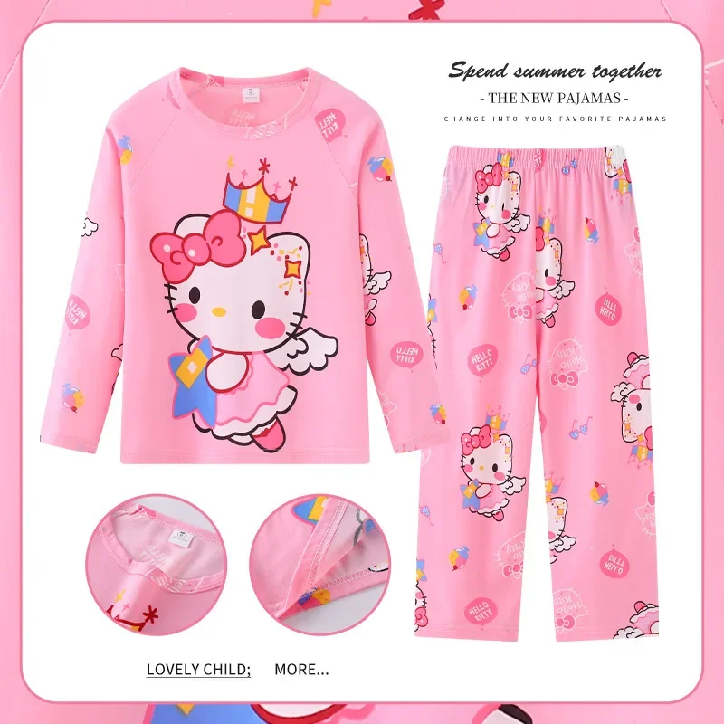 Sanrio Hello Kitty Kuromi Children's Clothes Set Cinnamoroll My Melody 2Pcs Cartoon Anime Kids Set Long Sleeved Thin Girls Boys