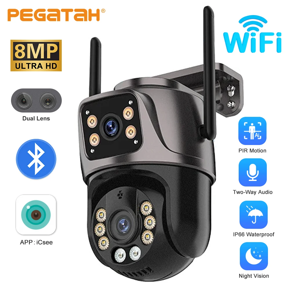 4K 8MP HD Wifi PTZ Camera Outdoor 4MP Dual Lens Dual Screen AI Auto Tracking IP Camera CCTV Audio Video Surveillance P2P iCSee