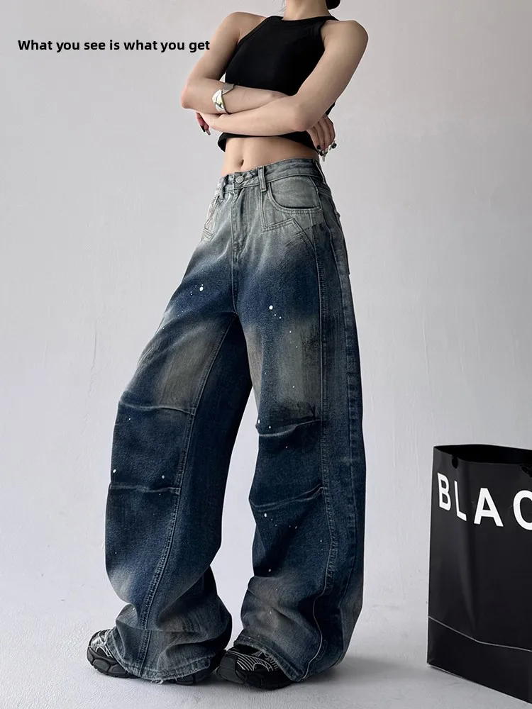 러스틱 와이드 레그 데님 진 여성용 하이웨이스트 루즈 스트레이트 컷 봄 가을 신상 슬레 코튼 엘라스틱 원단