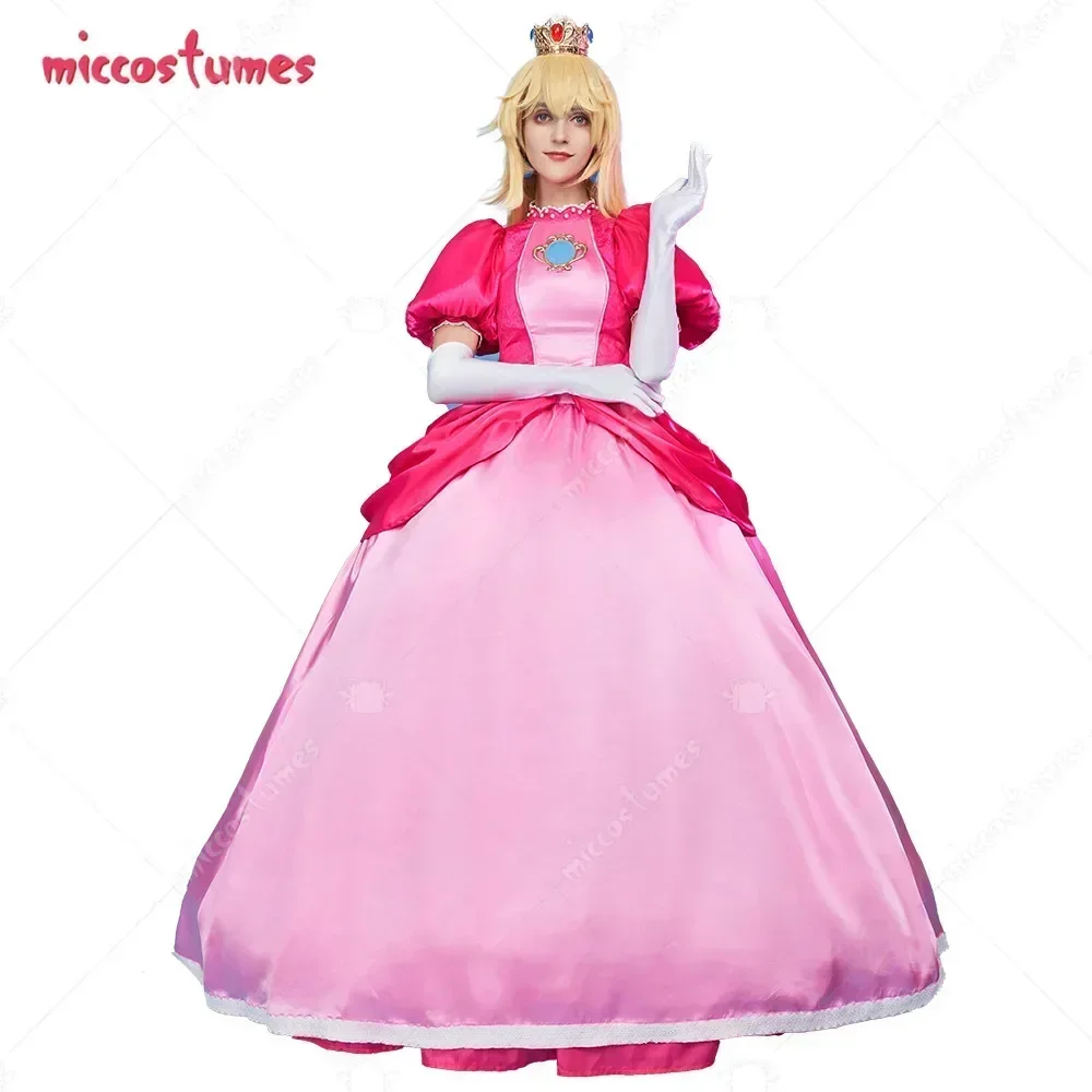 Miccostumes Women Peach Cosplay Costume Women Cosplay Pink Dress Gloves Earrings Petticoat