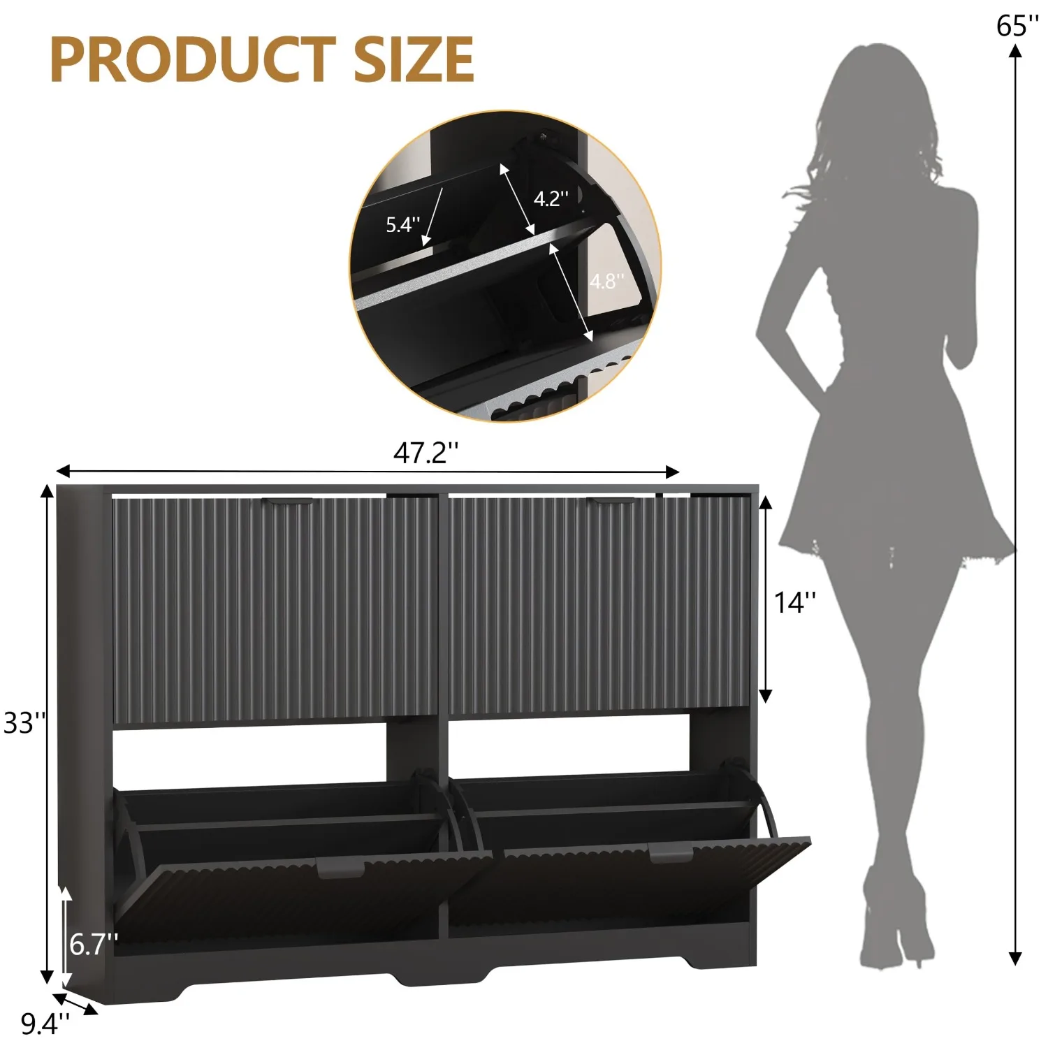 Shoe Cabinet Storage for Entryway with 4 Flip Drawers, Black Fluted Shoe Cabinet with Adjustable Shelves, Wooden Hidden