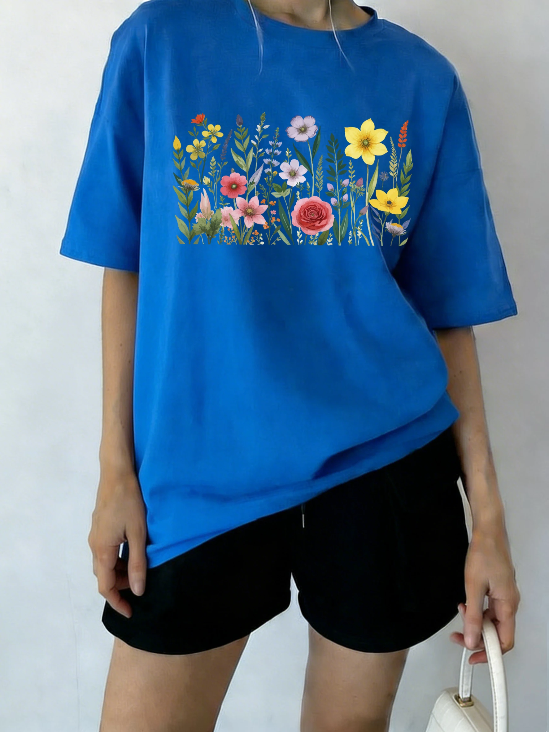Camiseta con estampado de flores simples y colores intensos para mujer, camiseta básica informal holgada, ropa deportiva de algodón suave, moda Unisex, manga corta