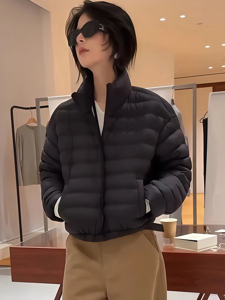 Piumino d'anatra bianco da donna corto invernale nuovo piumino con colletto rialzato a contrasto giacca corta spessa in piuma d'anatra bianca 90