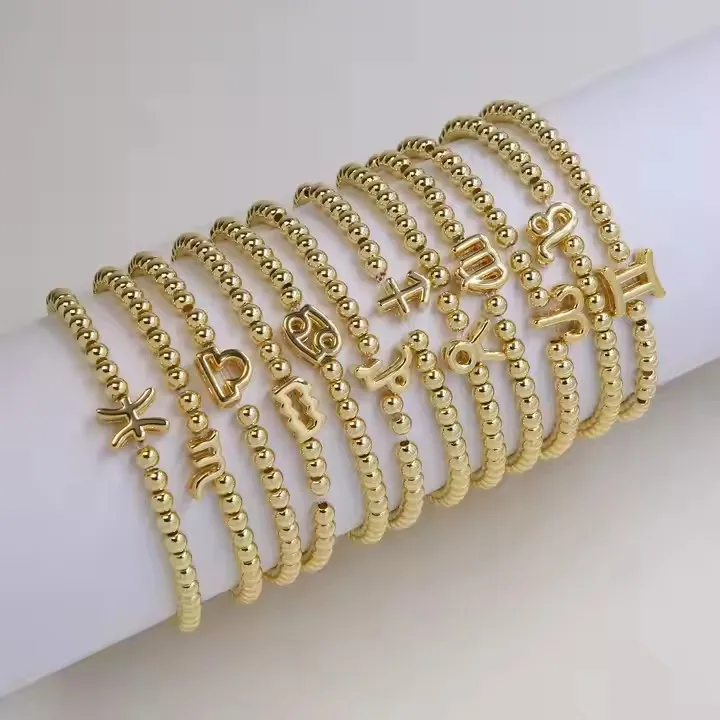 10Pcs Stylish Charm 12 Zodiac Sign Constellations Symbol Bracelet Elastic String Bead Bracelet 18K Gold Accessories