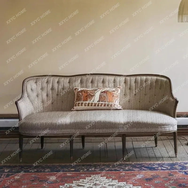 XX  retro solid wood sofa, three-person fabric soft bag buckle in the living room