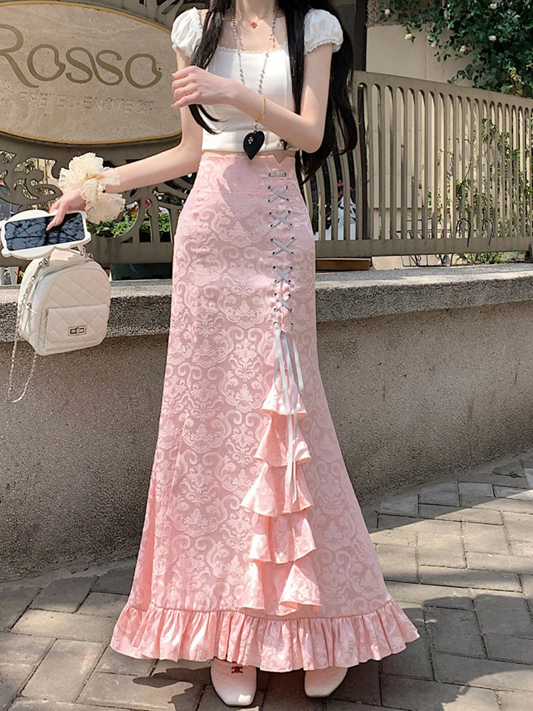 Spódnica midi z francuskim krojem rybki, damska, jesienna, z wysokim stanem, w stylu wiktoriańskim, z falbanami, elegancka, w stylu Hepburn, uniwersalna spódnica w kształcie litery A.