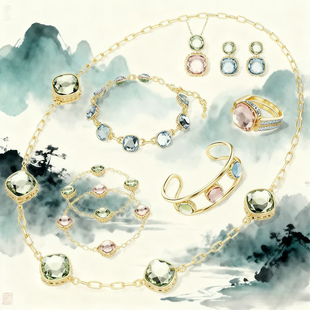 

2025 New Elegant accessories Square Cut Crystal Bracelet Necklace Earrings Ring Fashion Women's Jewelry Set Party Gift