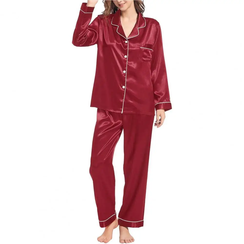 2 Pcs/Set Pajamas Suit Imitation Silk Single-breasted Simulated Silk Cardigan Shirt V Neck Shirt Trousers Nighty Suit Sleepwear