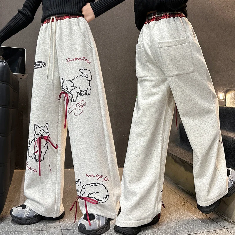 Winter Pants for Girls Soft Corduroy Long Trousers Warm Comfortable School Children Clothes Kids Cartoon Cat Thermal Sweatpants
