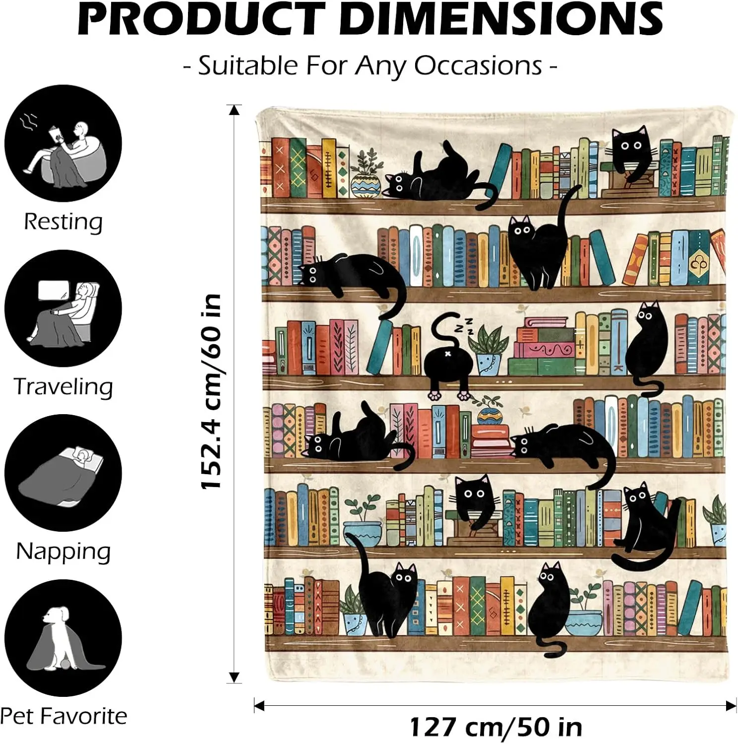 Aesthetic Bookshelf Cat Blanket Throw Home Decor Cozy Tapestry Cottagecore Gift for Cat Lovers Autumn Spring