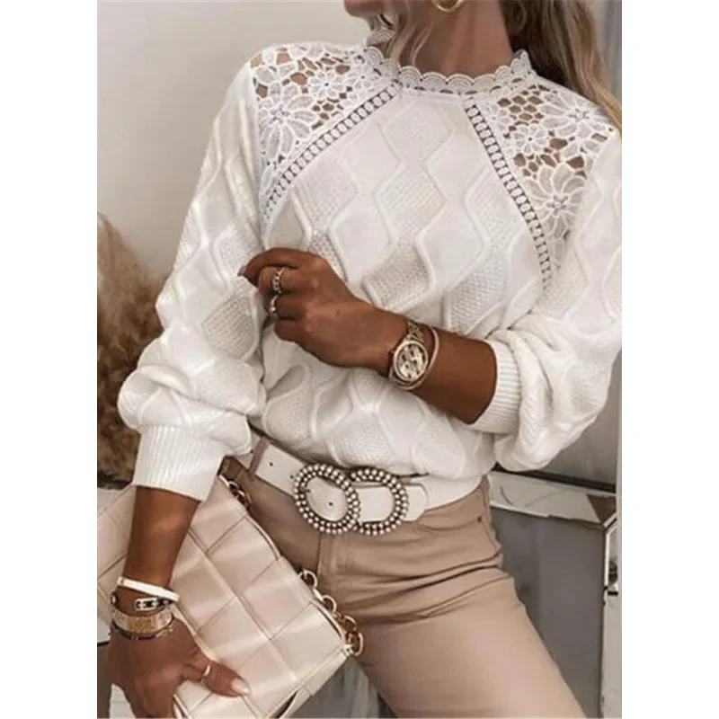 2024 Spring Autumn New Sweater Women's Solid Color Lace Hollow Out Sweater Women Elegant Lantern Sleeve O-Neck Pullover Sweater