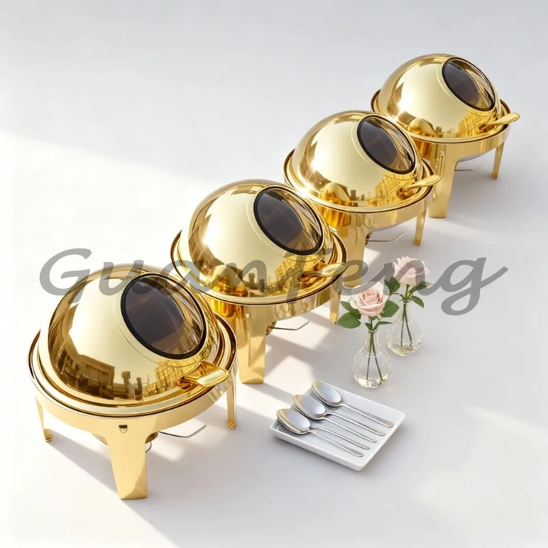 Gold Round Stainless Steel Buffet Alcohol Stove, Luxury Food Insulation Chafing Dish for Catering Banquet Buffet Service