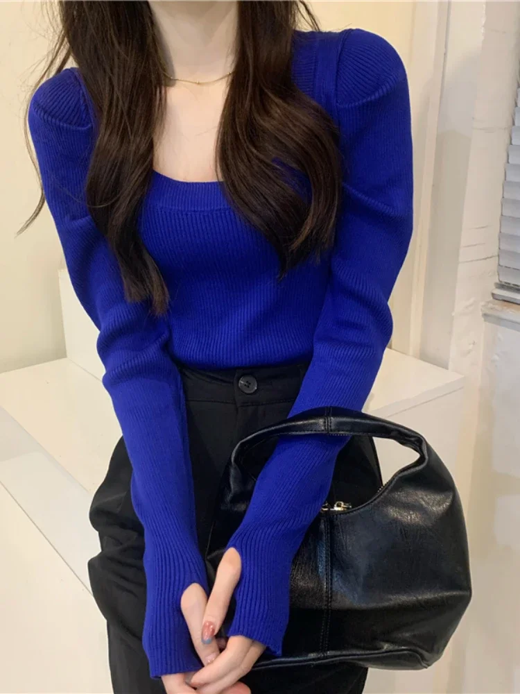 OCEANLOVE Autumn Winter Pull Femme Solid Square Neck Puff Sleeve Vintage Women Sweaters Korean Sweet Short Pullovers Fashion