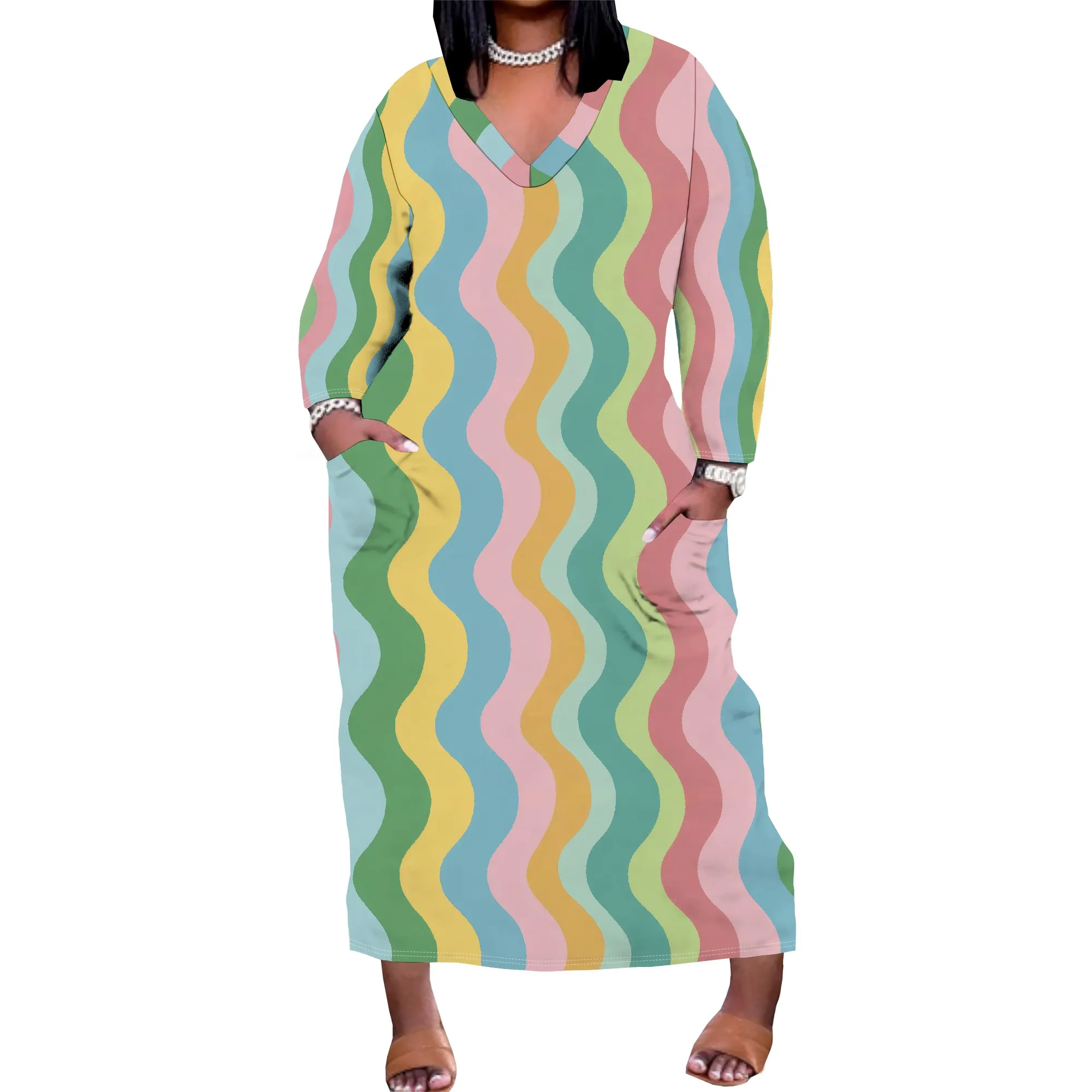 

Women Summer Plus Size Dress Stripe Printed V Neck Loose Oversize Dresses Short Sleeve Party Vacation Midi Sundress