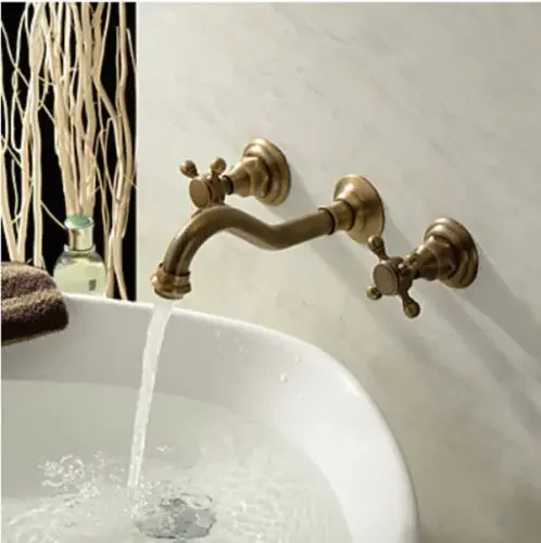 

Vidric Wall Mount Dual Handles Brass Antique Basin Sink Faucet 3 Holes Bathroom Vessel Sink Mixer Taps